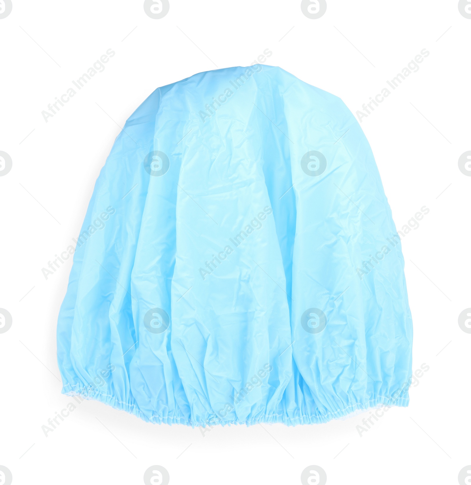 Photo of Light blue shower cap isolated on white, top view