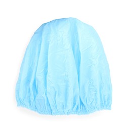 Photo of Light blue shower cap isolated on white, top view