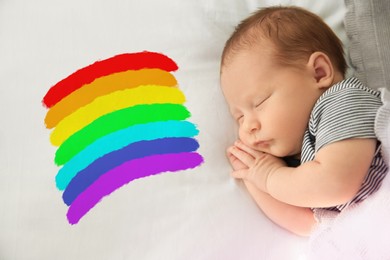 National rainbow baby day. Cute child sleeping in bed