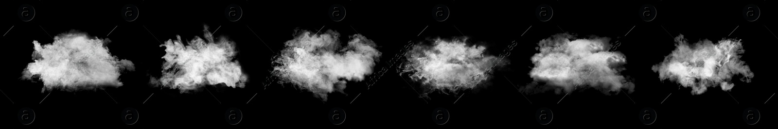 Image of Set with different clouds of white smoke on black background