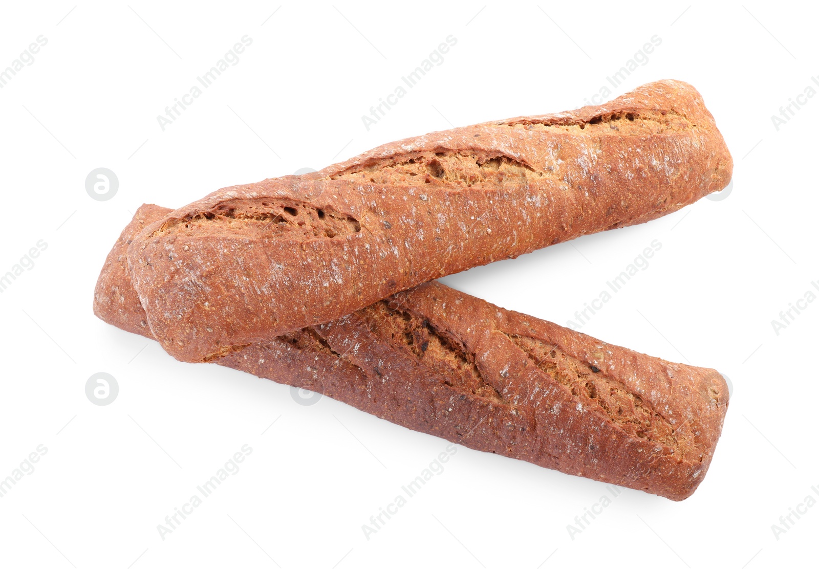 Photo of Tasty rye baguettes on white background, top view. Fresh bread