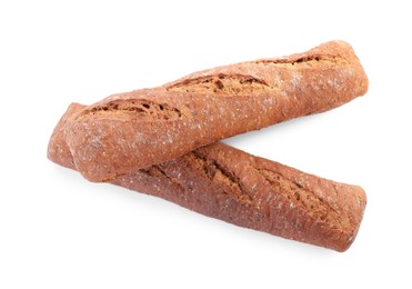 Photo of Tasty rye baguettes on white background, top view. Fresh bread