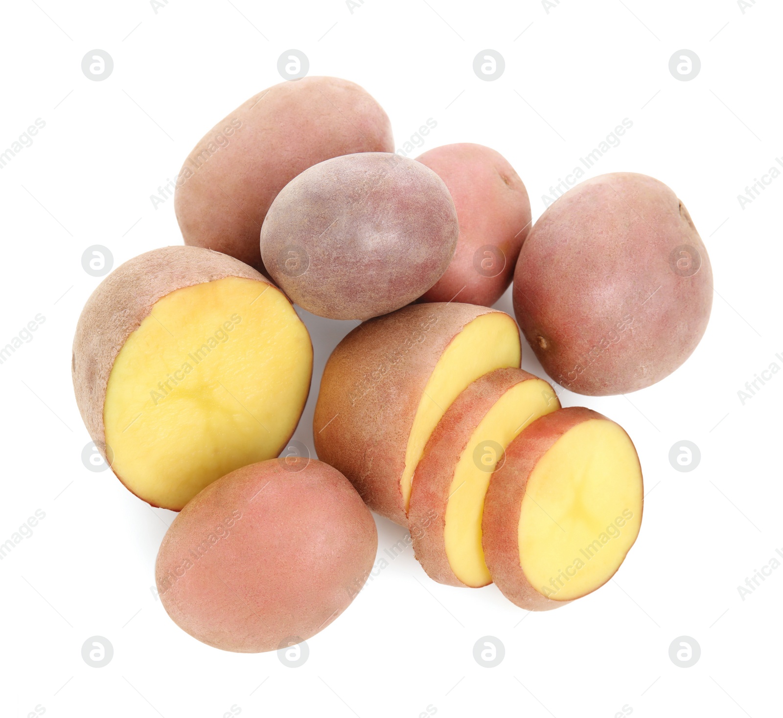 Photo of Whole and cut fresh potatoes on white background, top view