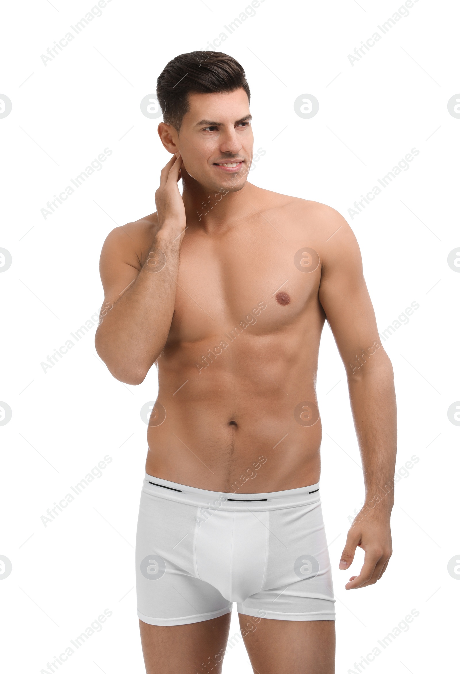 Photo of Handsome man in underwear on white background