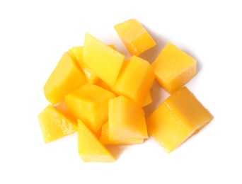 Photo of Fresh juicy mango cubes isolated on white, top view