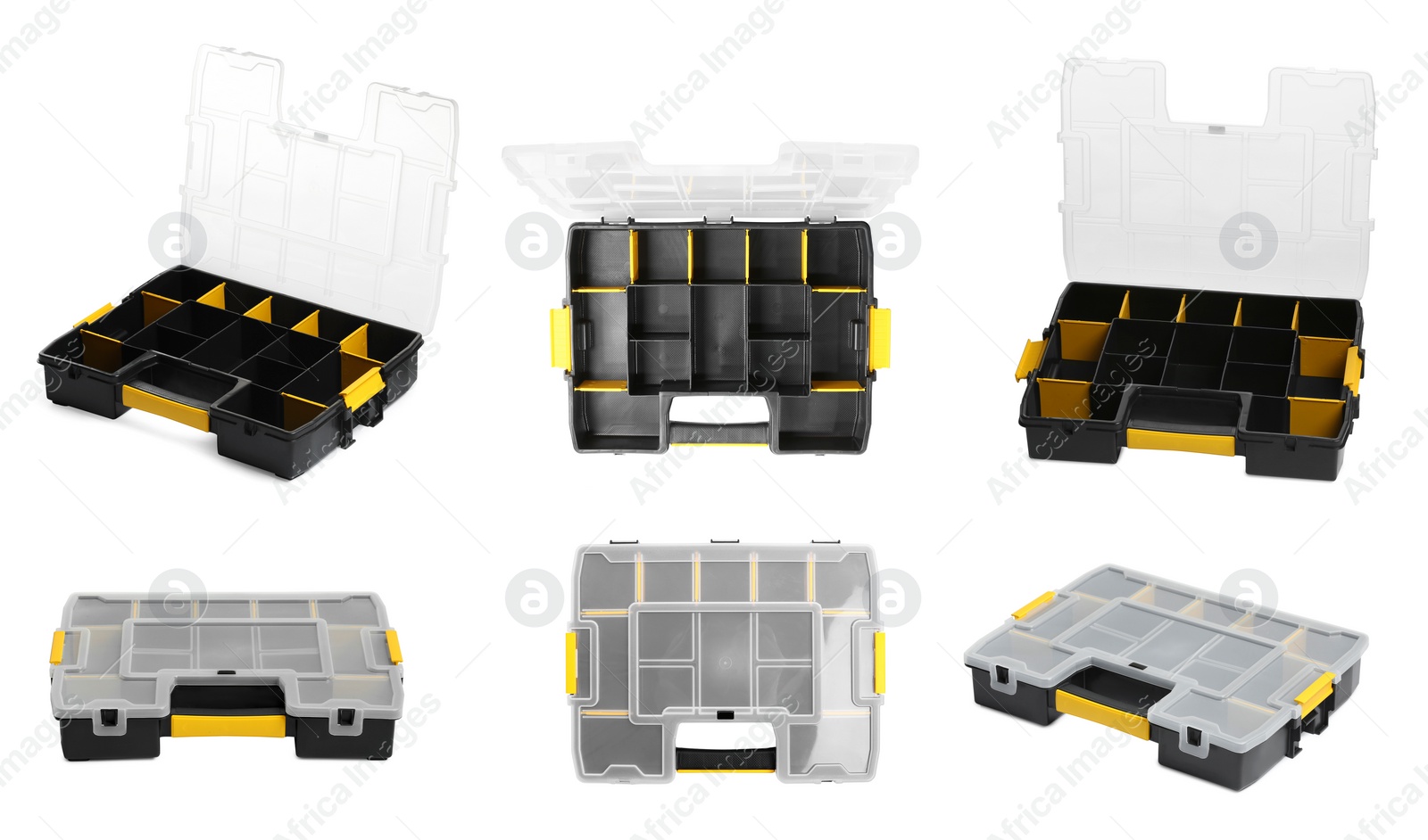 Image of Collage of plastic box for tools on white background, different sides