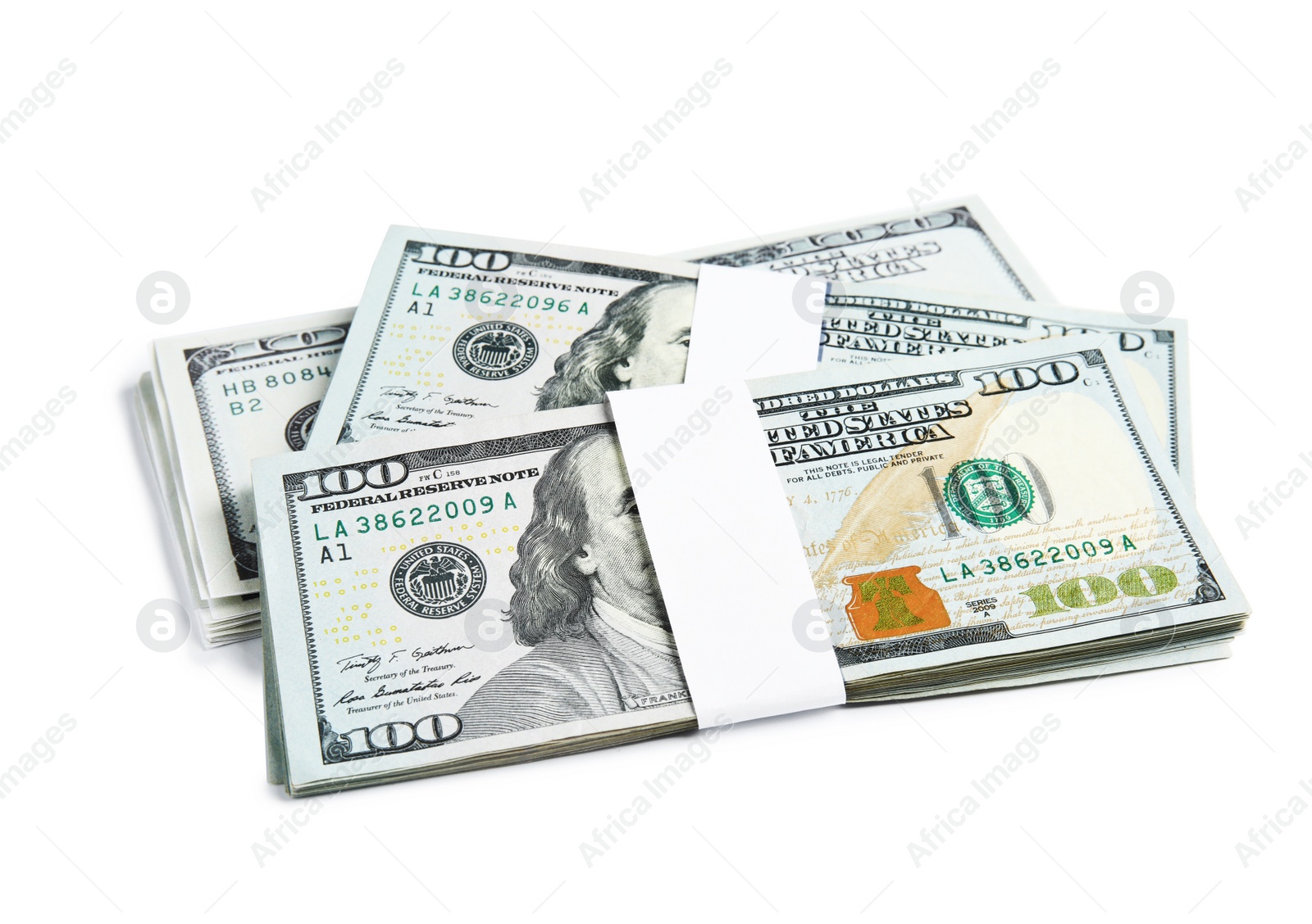 Photo of Dollar banknotes on white background. American national currency