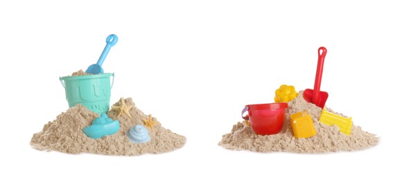 Image of Plastic beach toys on piles of sand against white background, collage. Outdoor play