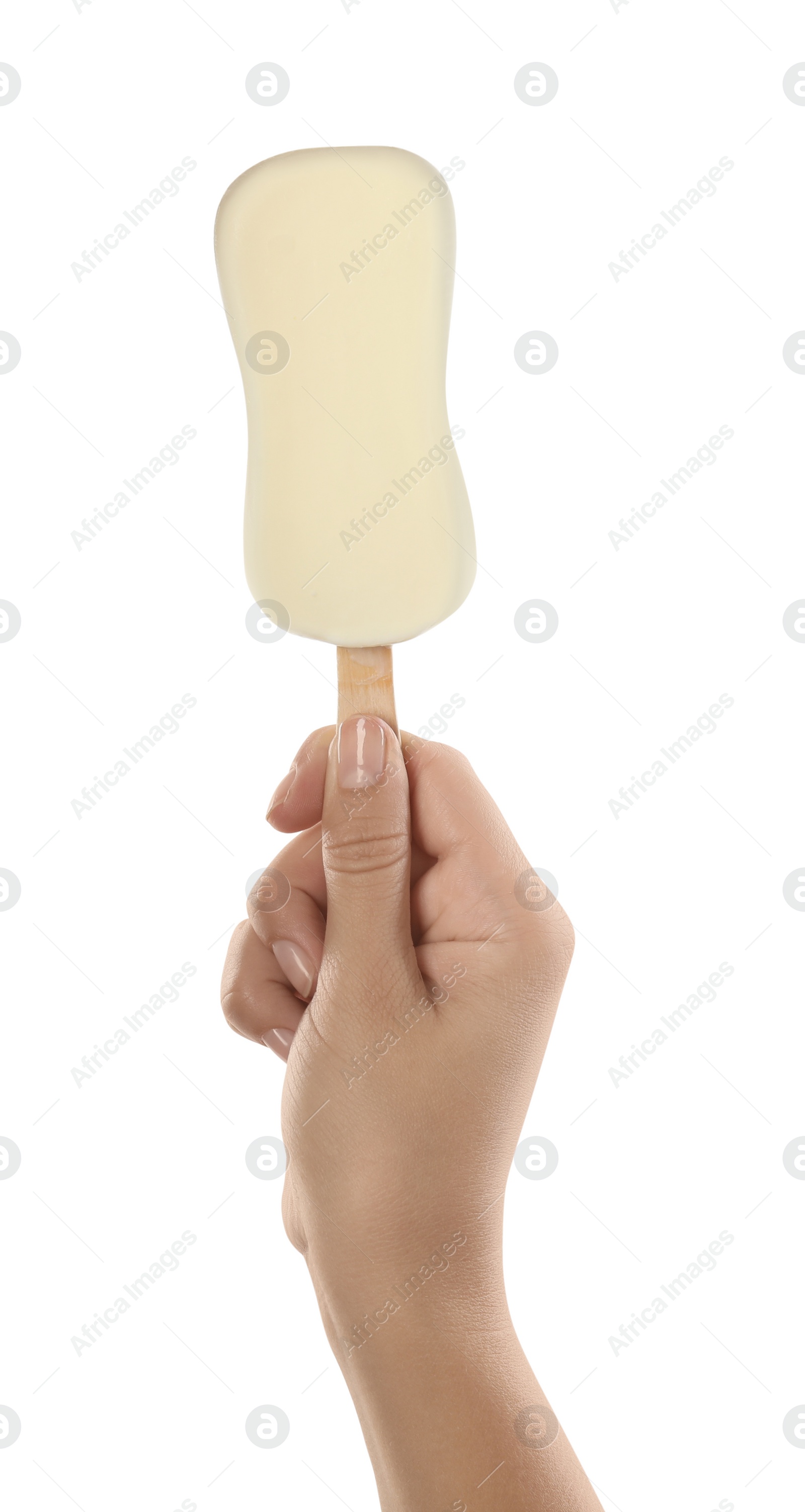 Photo of Woman holding glazed ice cream on white background, closeup