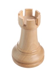 Photo of One wooden chess rook isolated on white
