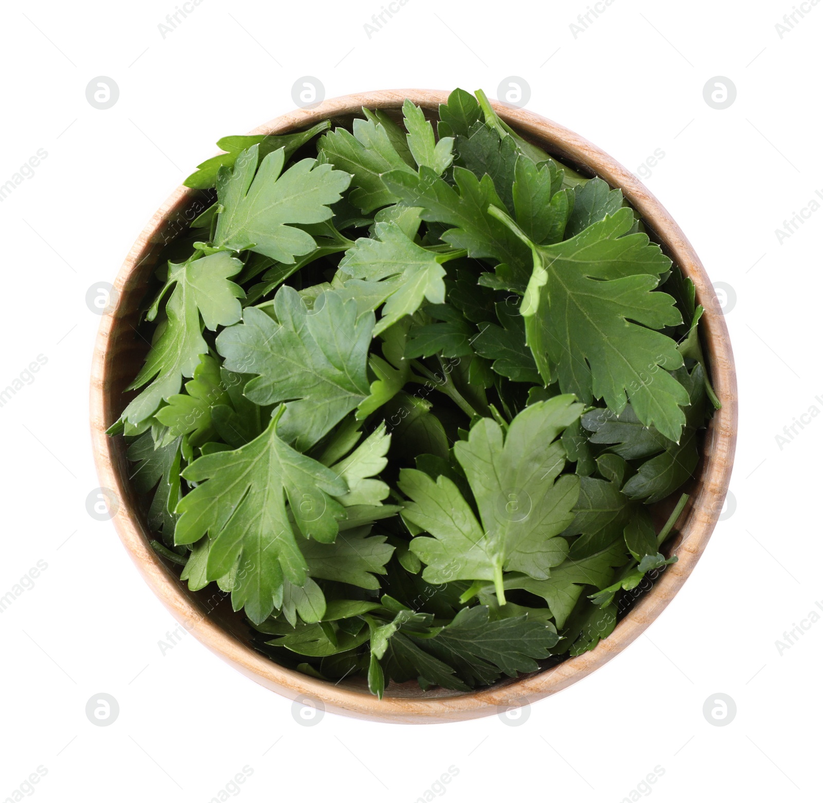 Photo of Fresh green parsley in wooden bowl isolated on white, top view