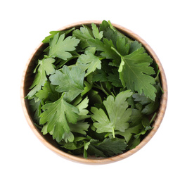 Photo of Fresh green parsley in wooden bowl isolated on white, top view