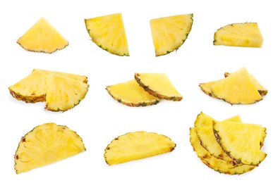 Image of Set with slices of juicy pineapple on white background