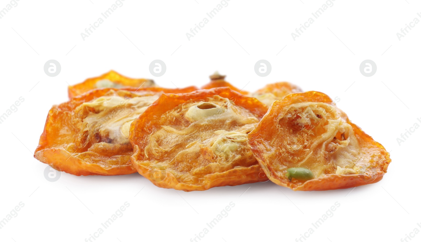 Photo of Cut dried delicious kumquat fruits isolated on white