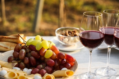 Photo of Red wine and snacks served for picnic on white wooden table outdoors