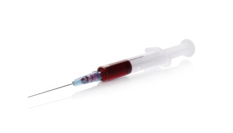 Photo of Plastic syringe with blood isolated on white