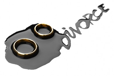 Photo of Wedding rings and word Divorce written with black ink on white background