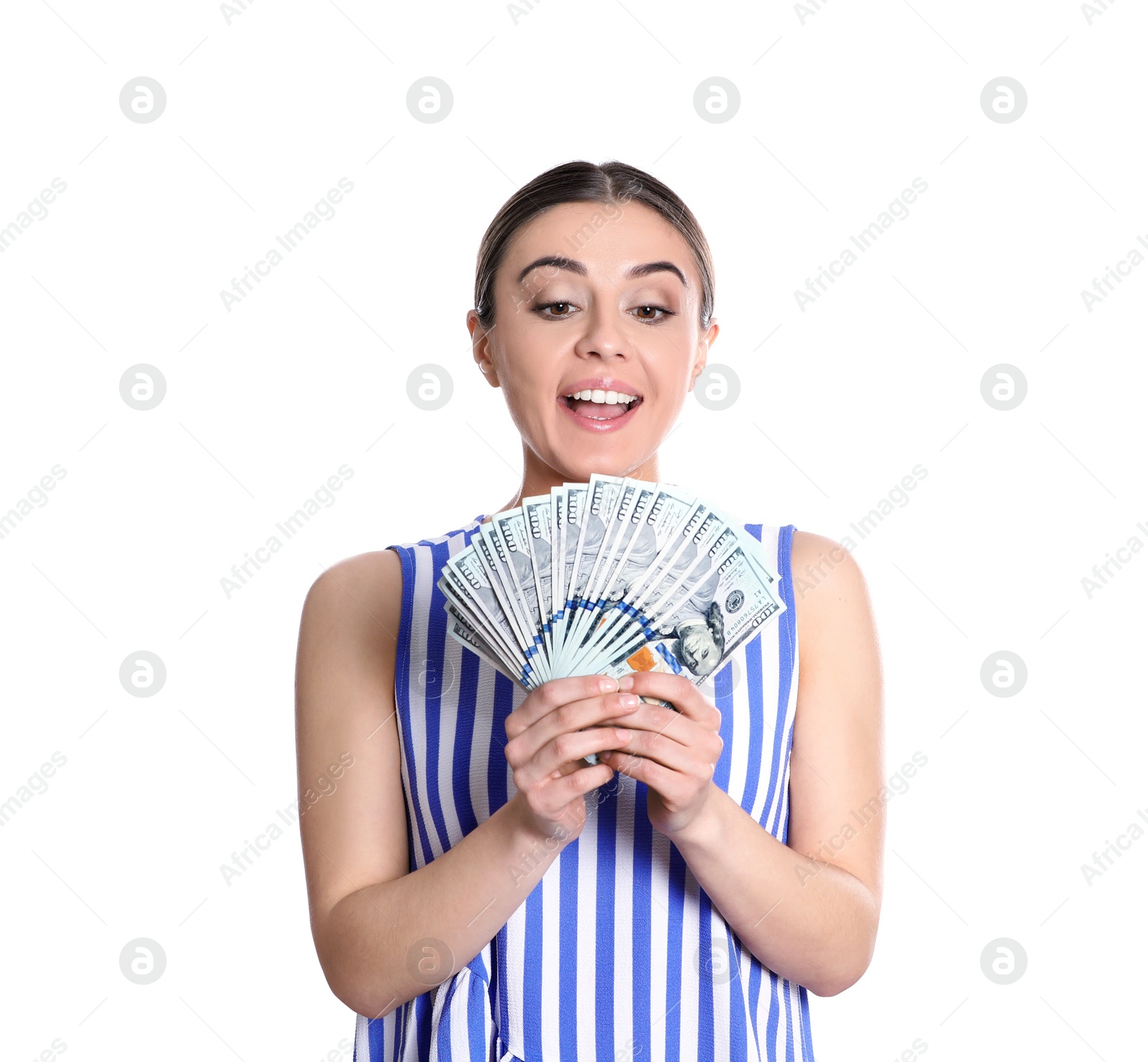 Photo of Portrait of young woman holding money banknotes on white background