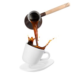 Image of Pouring freshly brewed aromatic coffee from turkish pot into cup. Objects in air on white background