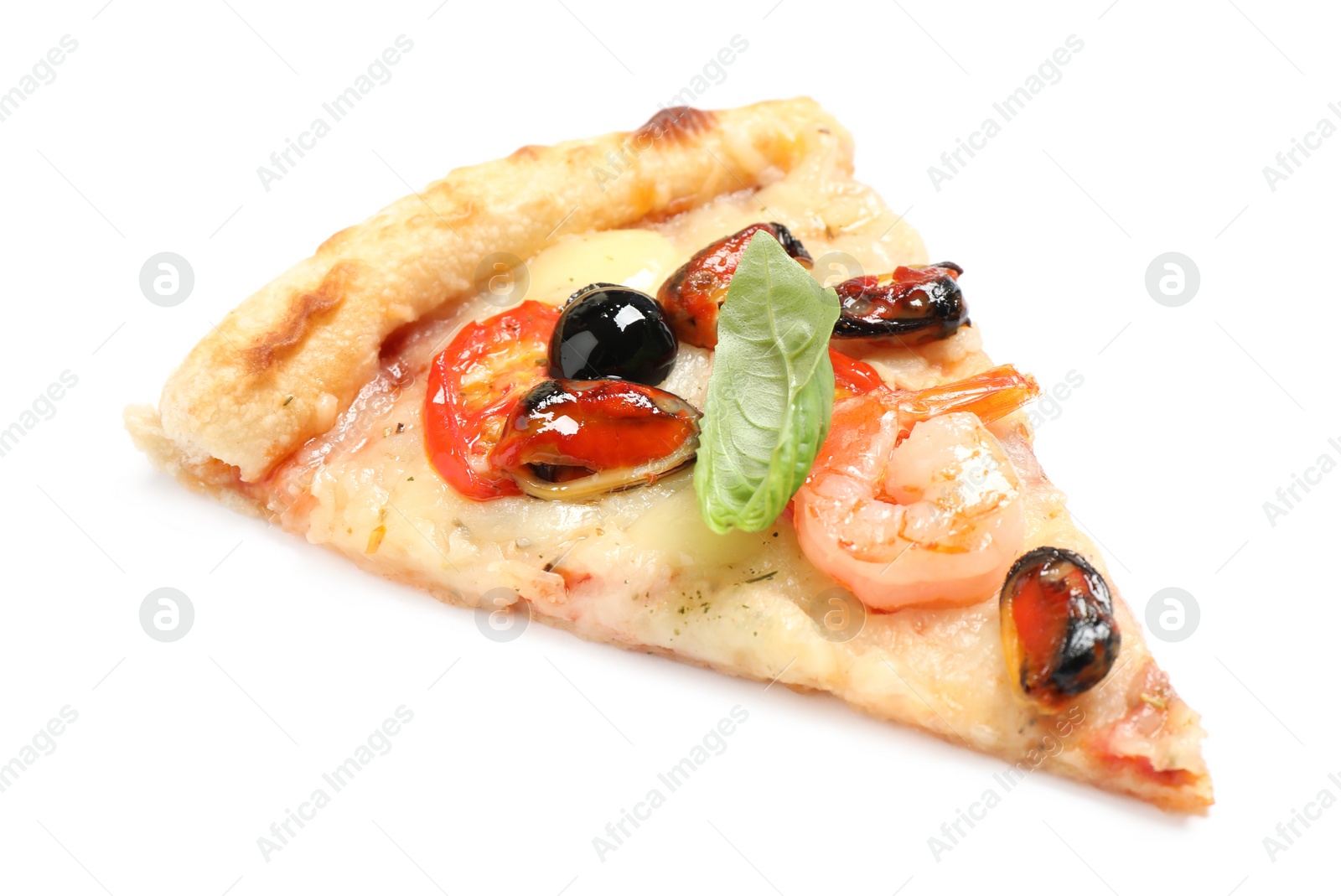Photo of Slice of tasty pizza with seafood isolated on white