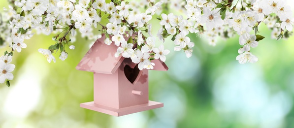 Image of Beautiful wooden bird house hanging on blossoming tree outdoors, banner design. Springtime
