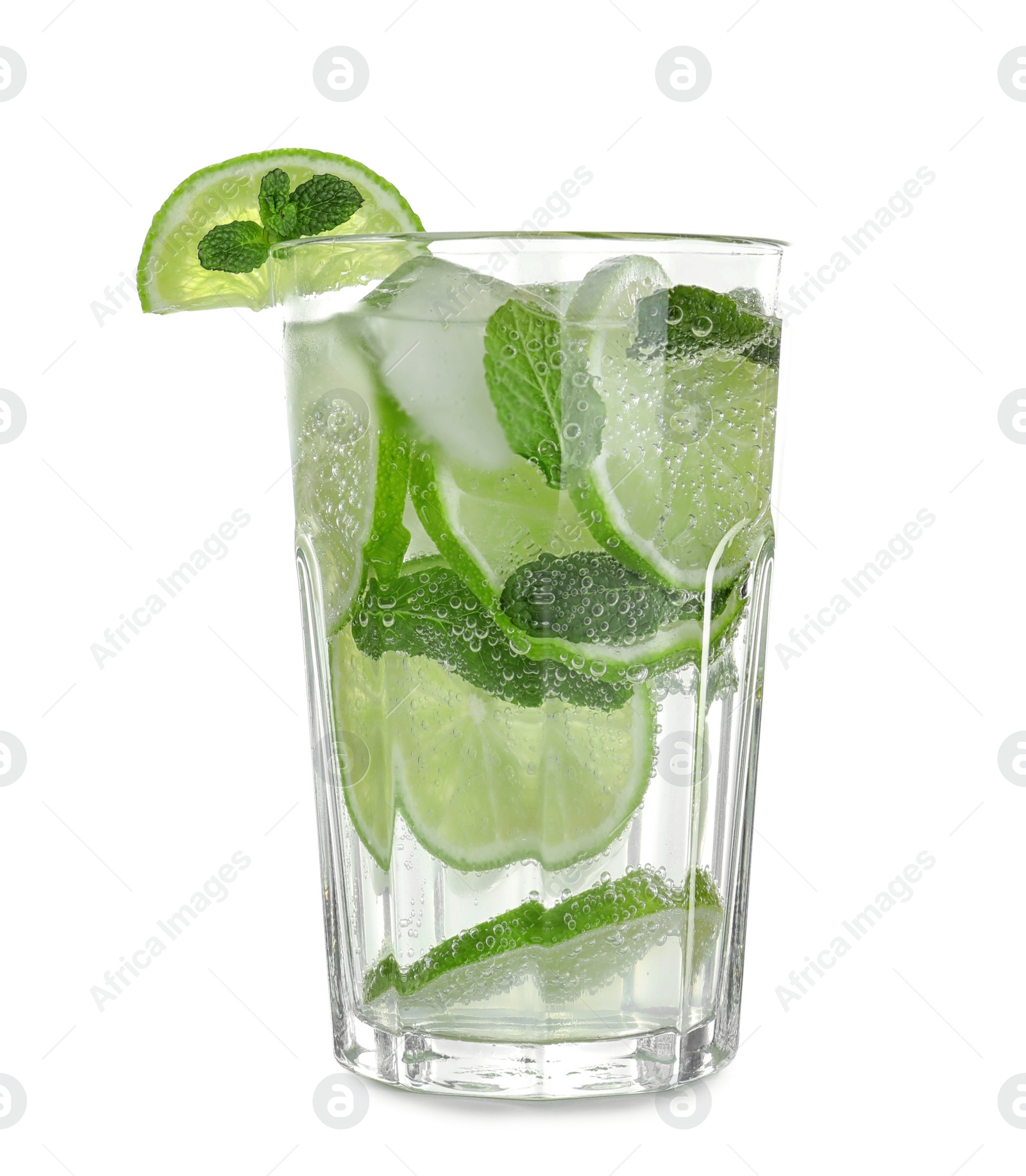 Photo of Glass of tasty refreshing cocktail on white background