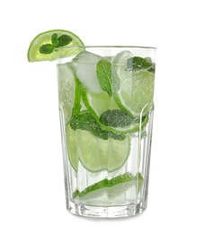 Glass of tasty refreshing cocktail on white background