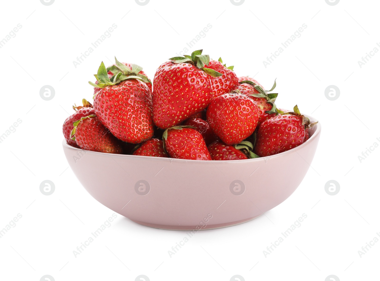 Photo of Ripe strawberries in bowl isolated on white