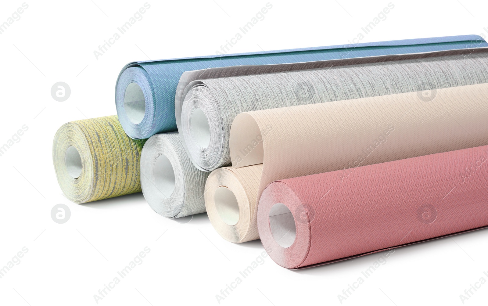 Image of Different colorful wallpaper rolls isolated on white