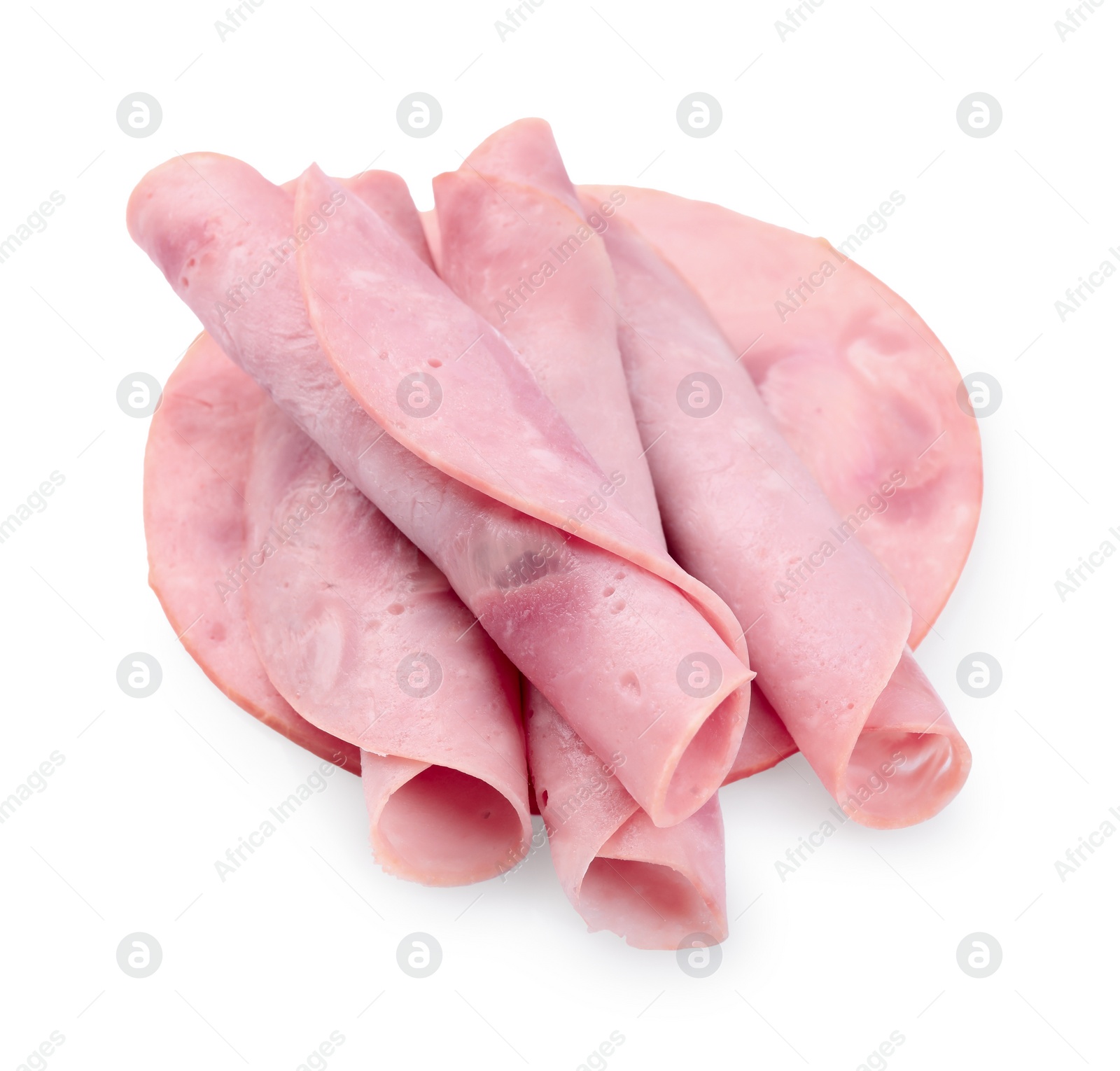 Photo of Rolled slices of tasty ham isolated on white