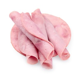 Photo of Rolled slices of tasty ham isolated on white