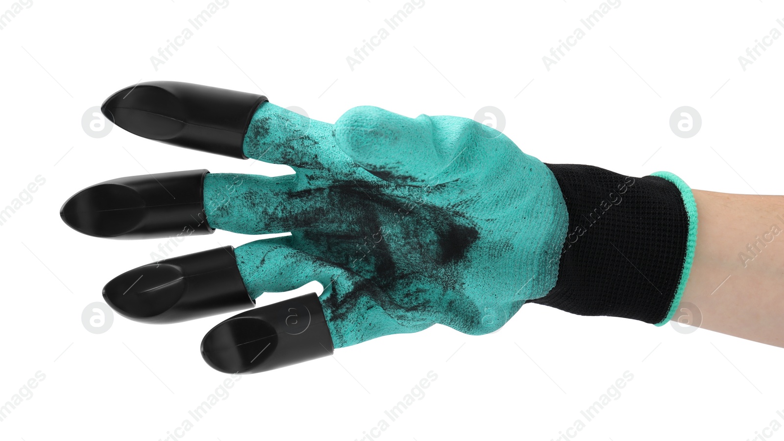 Photo of Woman in claw gardening glove on white background, closeup