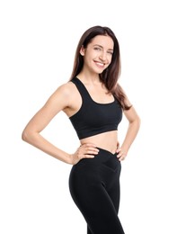 Photo of Happy young woman with slim body posing on white background