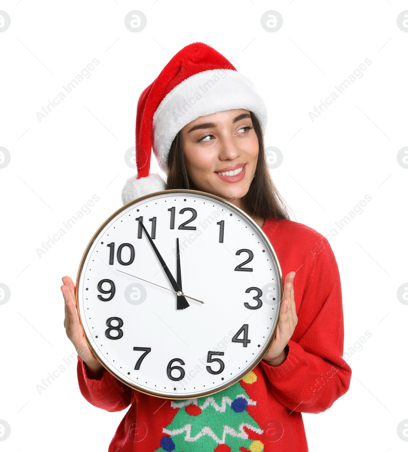 Photo of Woman in Santa hat with clock on white background. New Year countdown