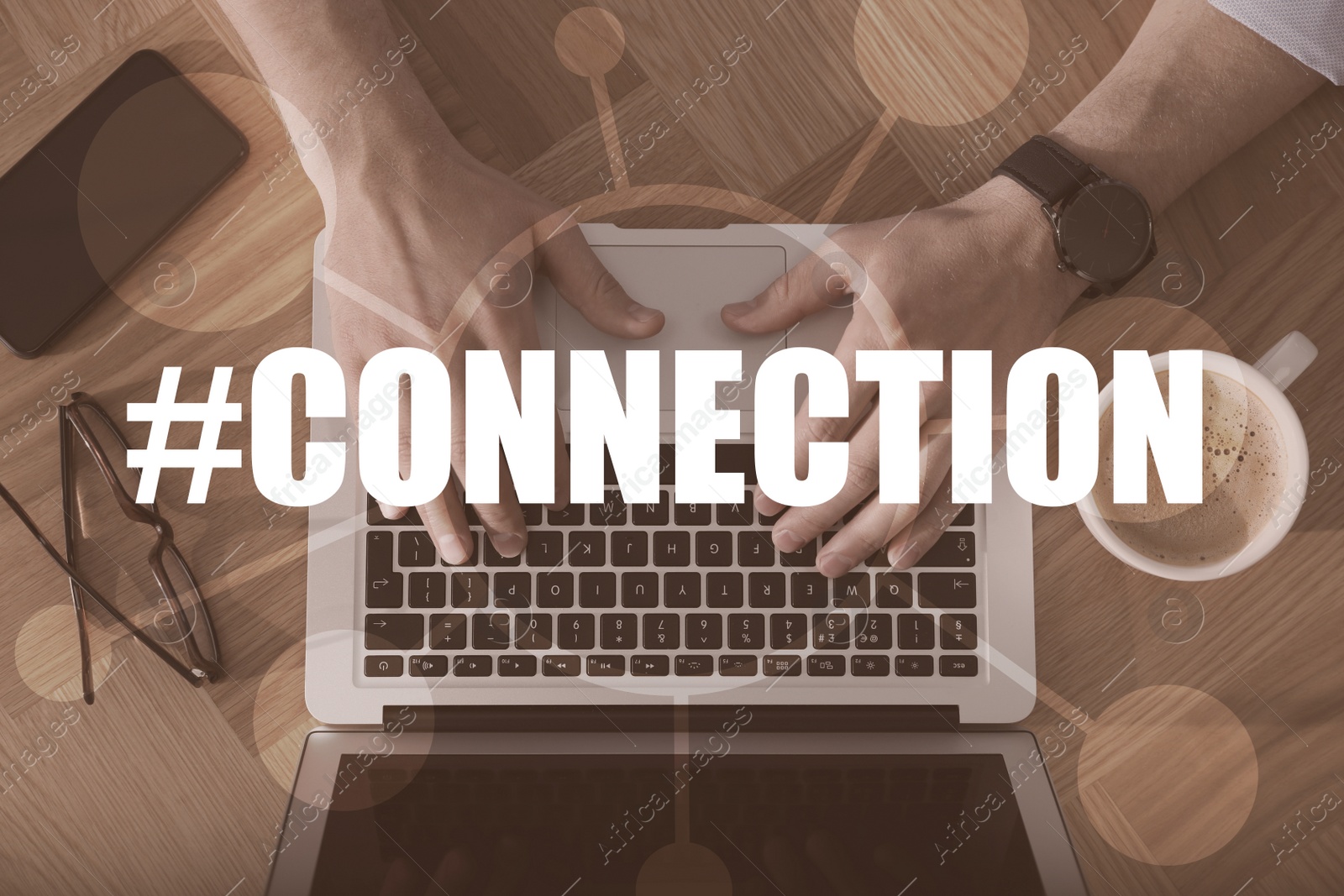 Image of Hashtag Connection. Man working on laptop at wooden table, top view