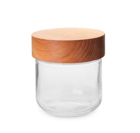 New empty glass jar with wooden lid isolated on white