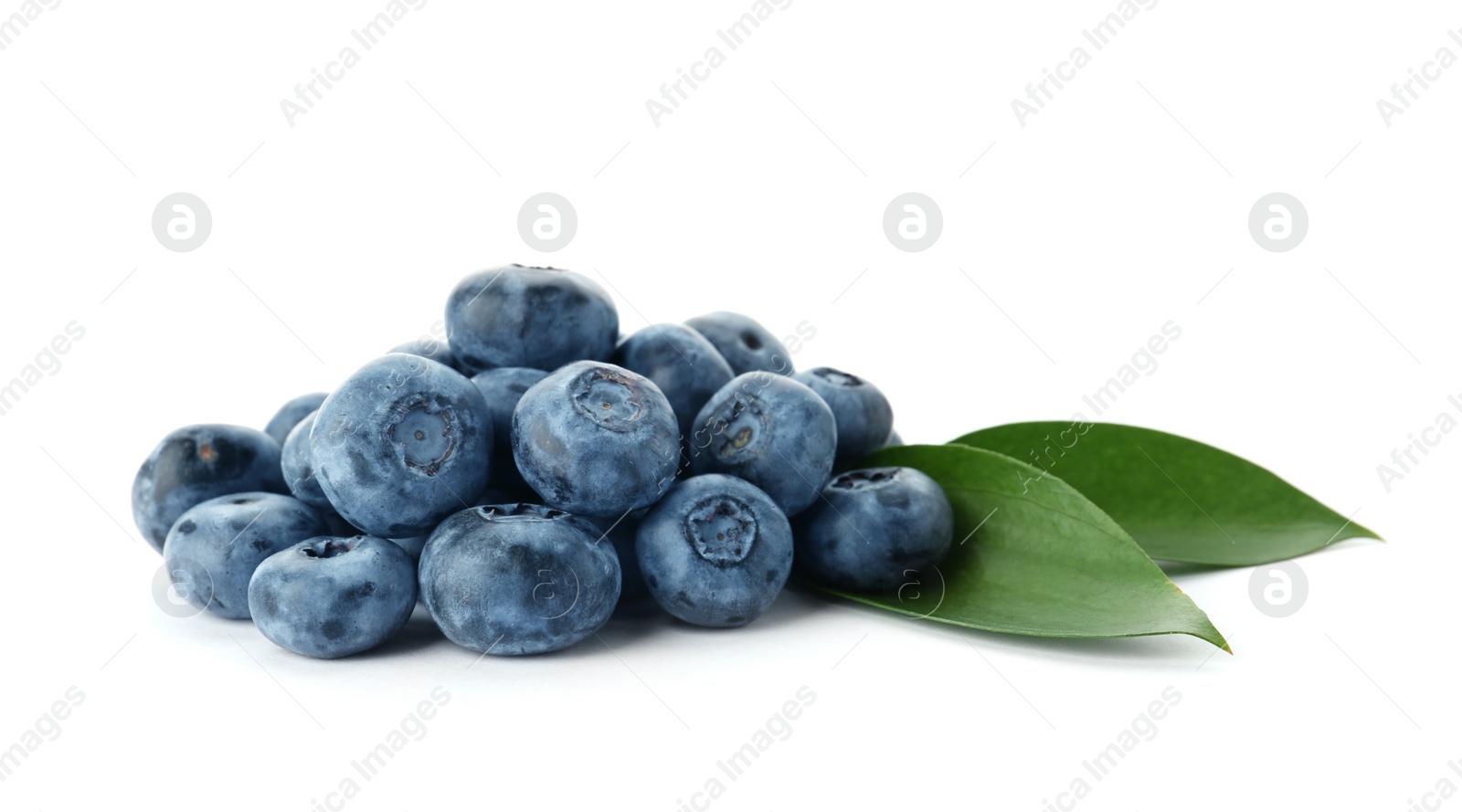 Photo of Heap of fresh ripe blueberries on white background