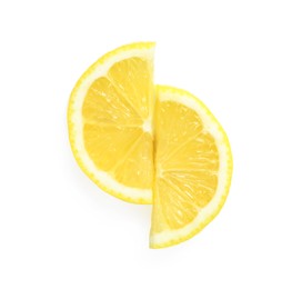 Photo of Fresh juicy lemon slices on white background, top view