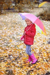 Photo of Little girl with umbrella taking walk in autumn park on rainy day