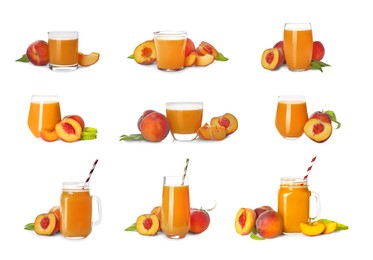 Image of Collage of peach juice and fresh fruits isolated on white