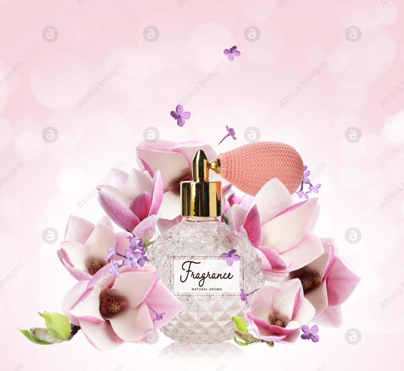 Image of Bottle of luxury perfume and beautiful flowers on pink background