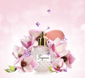 Bottle of luxury perfume and beautiful flowers on pink background