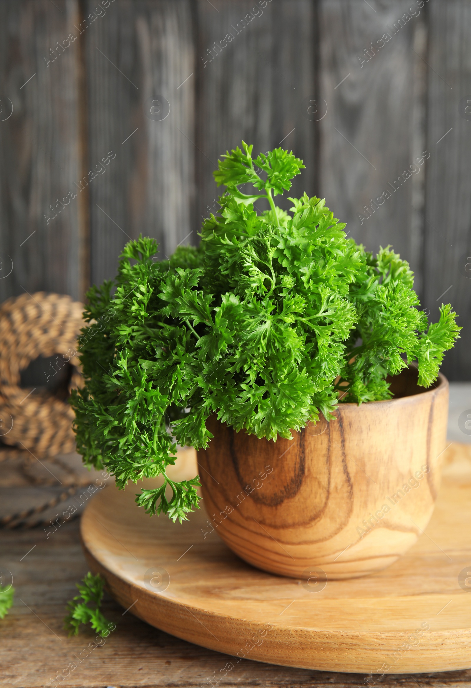 Photo of Bowl with fresh green parsley on wooden table