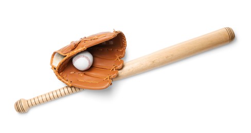 Wooden baseball bat, ball and glove isolated on white, top view