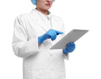 Photo of Quality control. Food inspector with tablet on white background, closeup