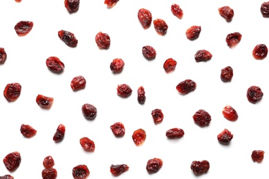 Photo of Flat lay composition of cranberries on white background. Dried fruit as healthy snack