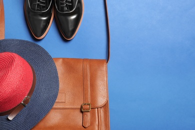 Photo of Flat lay composition with lady's shoes, hat and bag on color background, space for text