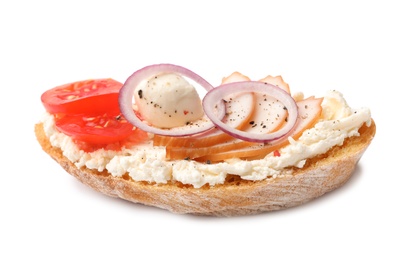 Photo of Delicious chicken bruschetta on white background. Traditional Italian antipasto