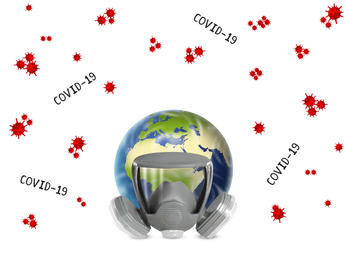 Image of Illustration of Earth with respirator on white background. Dangerous coronavirus
