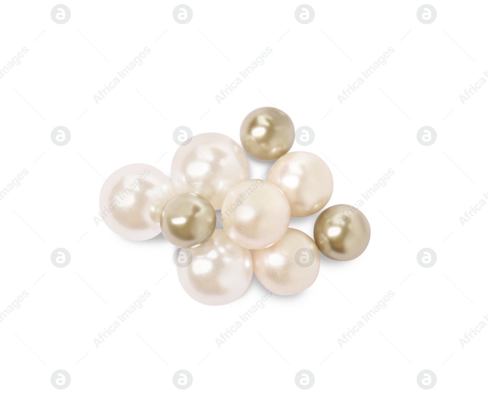 Photo of Many beautiful oyster pearls on white background, to view